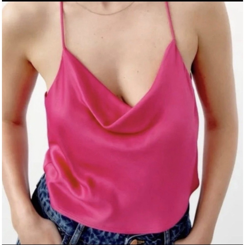 Zara Camisole Top Women Size S Pink‎ Cowl Neck Satin Adjustable Straps 1165/072